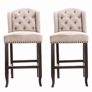 44.5 in. Beige and Black Low Back Wooden Frame Bar Chair with Fabric Seat ( Set of 2)