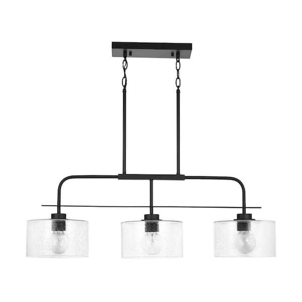 Jake 3-Light 36 in. W x 12 in. H x 9 in. Matte Black with Clear Seeded Glass Shades Linear Chandelier