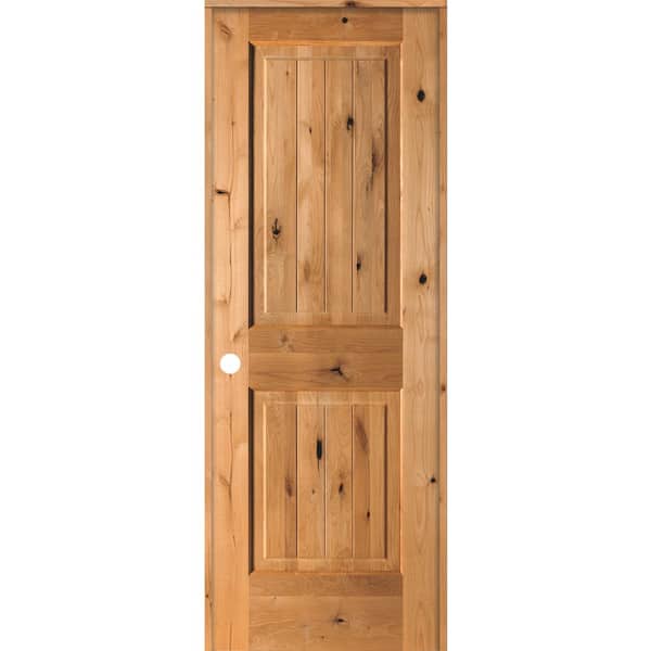 Krosswood Doors 28 in. x 80 in. Knotty Alder 2 Panel Right-Hand Square Top V-Groove Clear Stain Solid Wood Single Prehung Interior Door