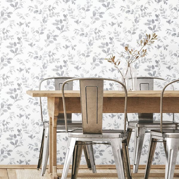 30.75 sq. ft. Dancing Leaves Grey Peel and Stick Wallpaper