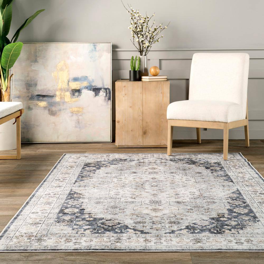 Casey Blue and Gray Synthetic Round Oriental Area Rug, 9' x 12'