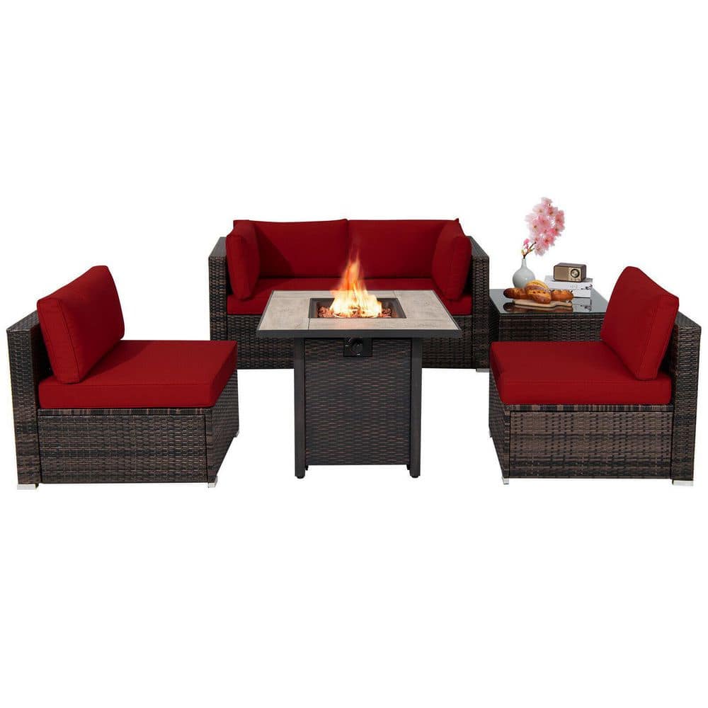 Honey Joy 6 Pieces Wicker Patio Conversation Set With 30 In Gas Fire Pit Table 50000 Btu Red 