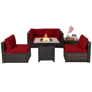 6-Pieces Wicker Patio Conversation Set With 30 in. Gas Fire Pit Table 50,000 BTU Red Cushions