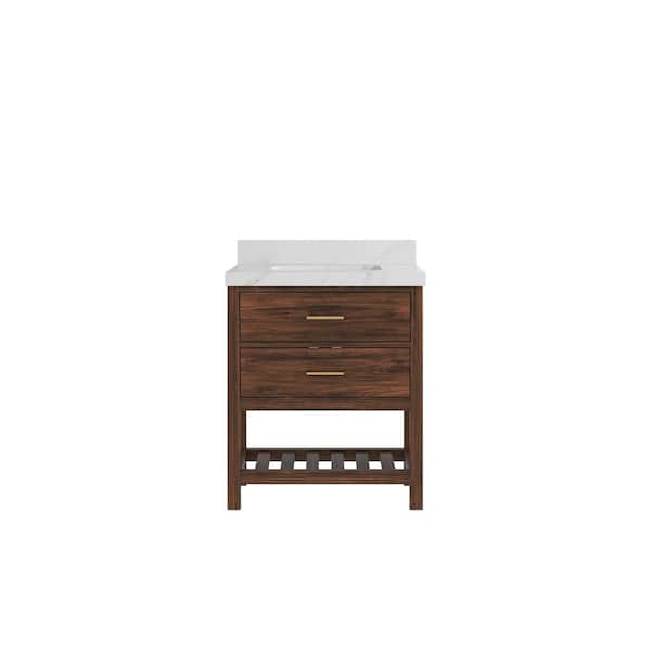 Willow Collections Parket Teak 30 in. W x 22 in. D x 36 in. H Single Sink Bath Vanity Center in Dark Walnut Calacatta Sienna Quartz Top