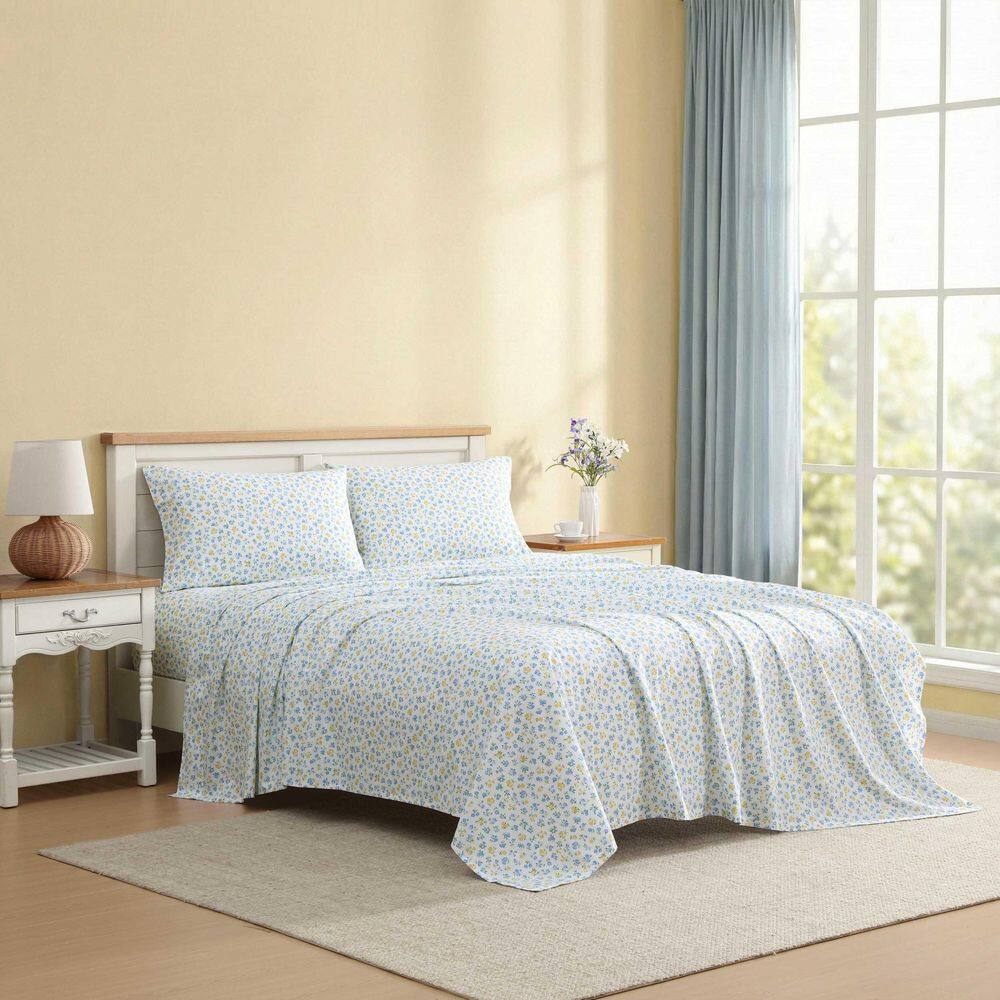 Laura Ashley Ditsy Doodle 4-Piece White/Blue/Yellow Percale Cotton