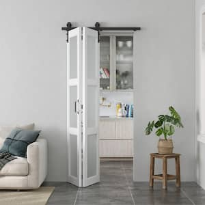 36 in. W. x 84 in. 3-lite Frosted Glass Prefinished White MDF Bi-Fold Barn Door with Sliding Hardware kit