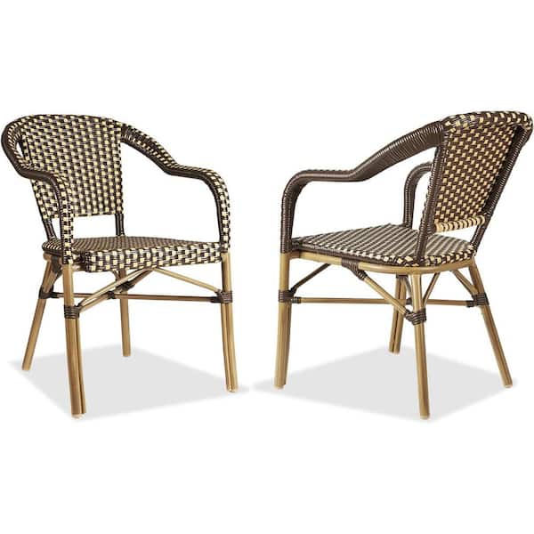 Wicker Bistro Chair French Hand-Woven Arm Chairs for Outdoor Patio Indoor Dining Chairs in Coffee (2-Pack)