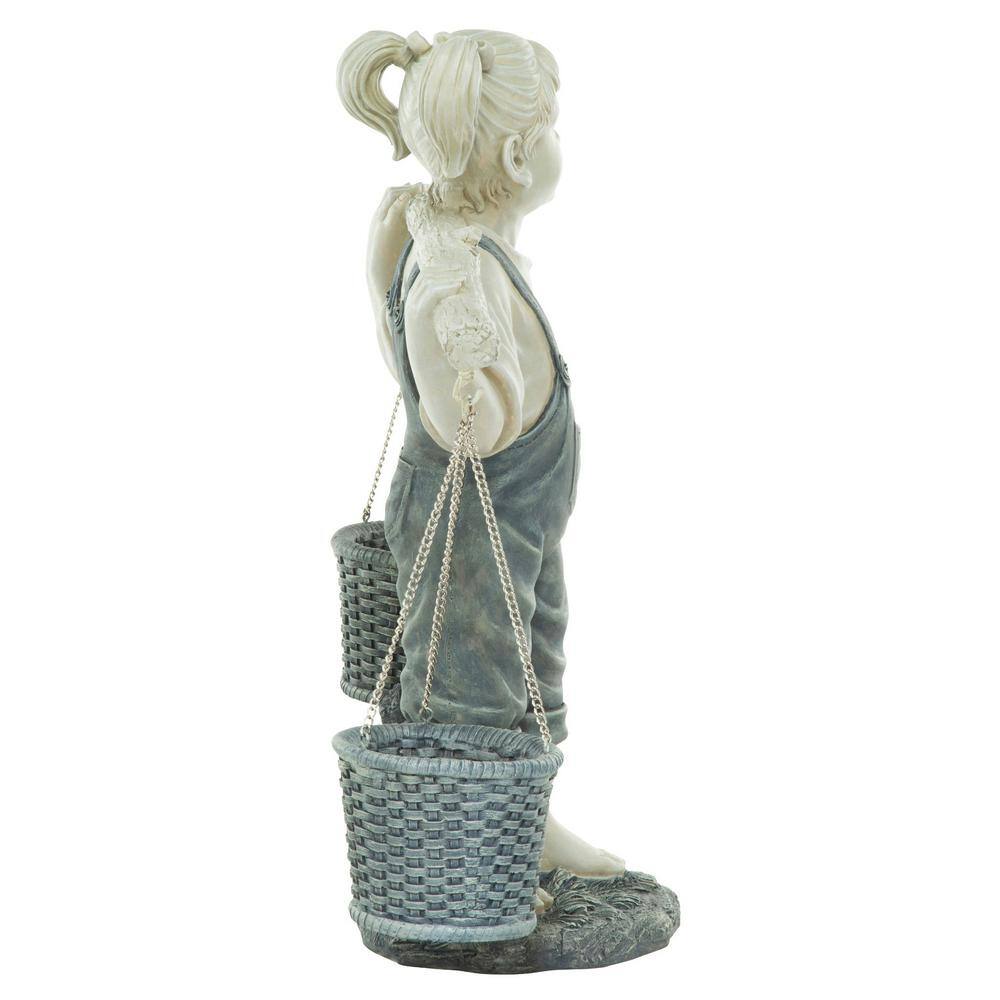 Large Off-White Resin Little Girl Garden Statue with Faux Woven Baskets