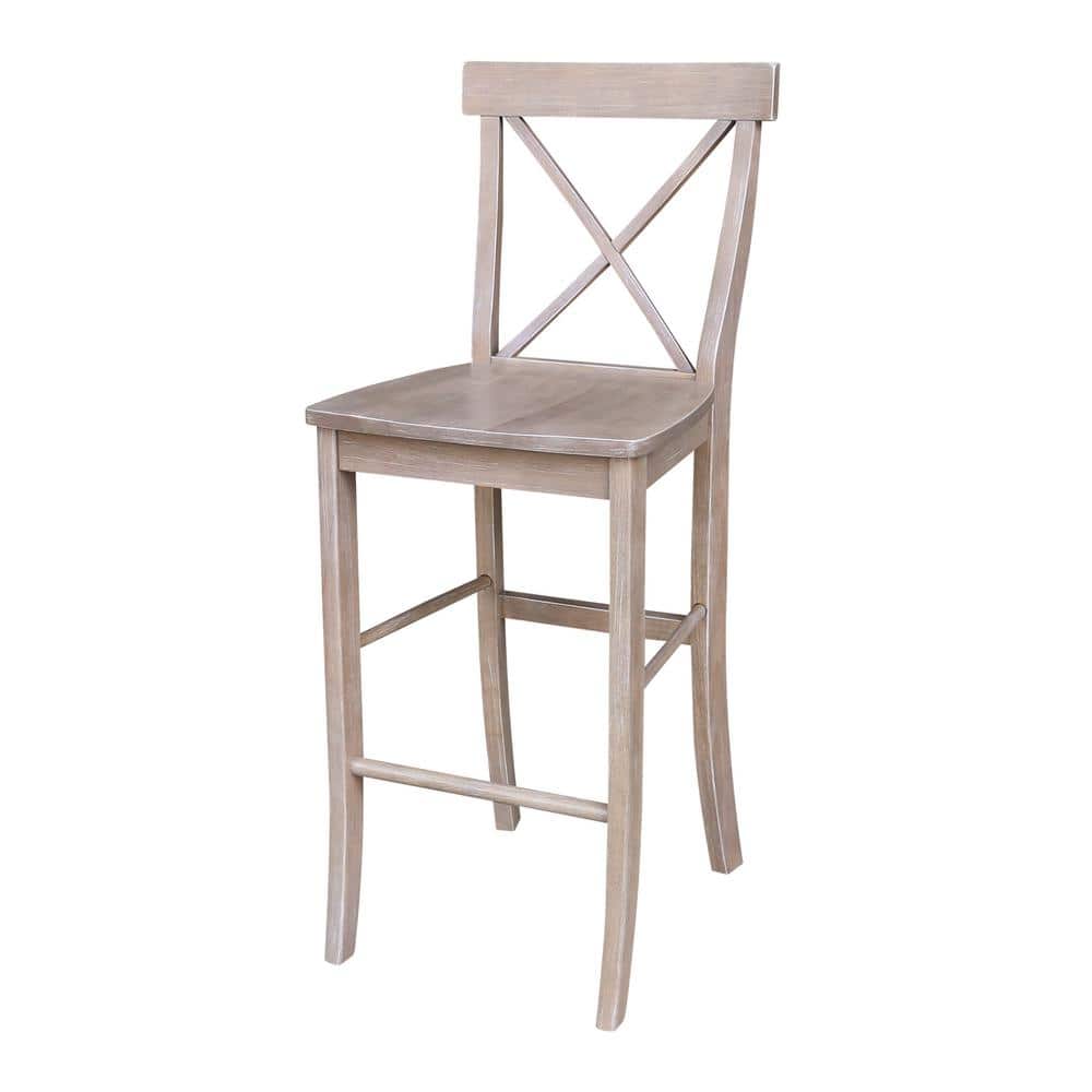 Weathered Gray Solid Wood Bar Height Dining Set with Round Pedestal Table and Cross Back Stools
