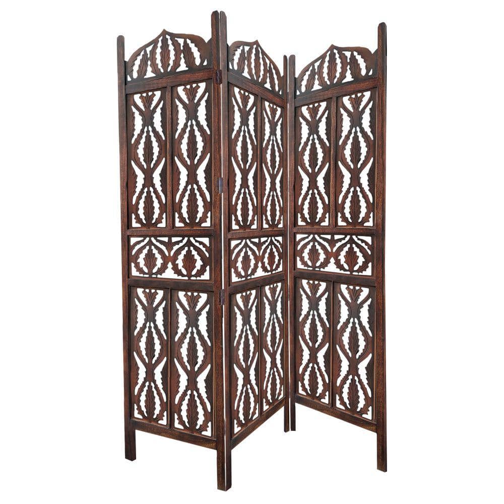 3 Panel Decorative Mango Wood Screen with Abstract Carvings Brown - The Urban Port