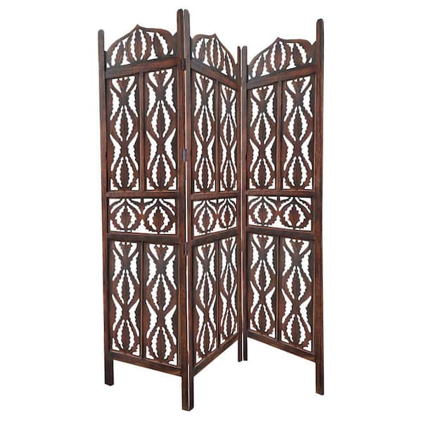 THE URBAN PORT Brown Decorative 3-Panel Mango Wood Screen with Abstract Carvings