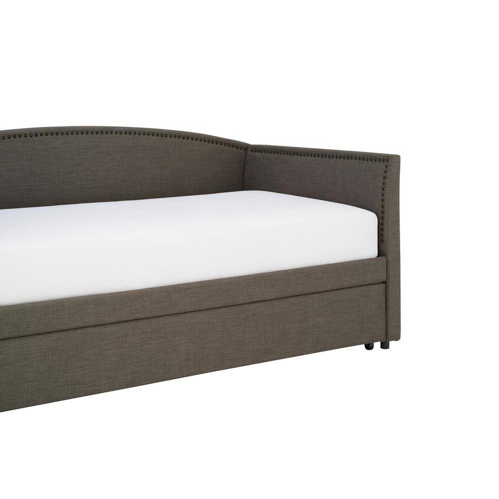 Gray Linen Twin Daybed with Trundle and Nailhead Trim