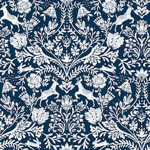 Forest Dance Navy Damask Fabric Pre-Pasted Matte Strippable Wallpaper