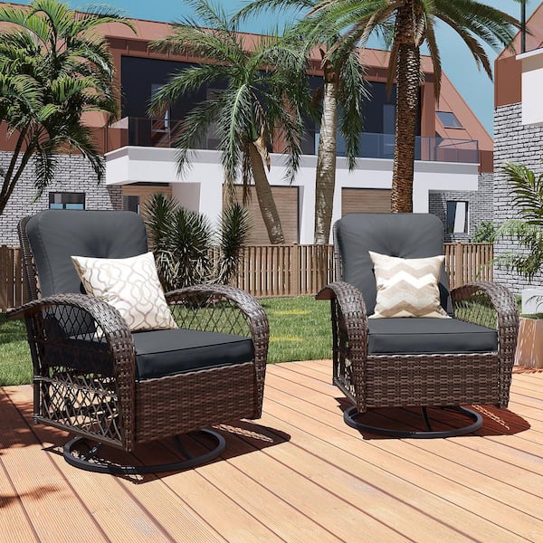 PATIOGUARDER 2--Piece Brown Wicker 360° Swivel Outdoor Rocking Chair with Dark Gray Cushion