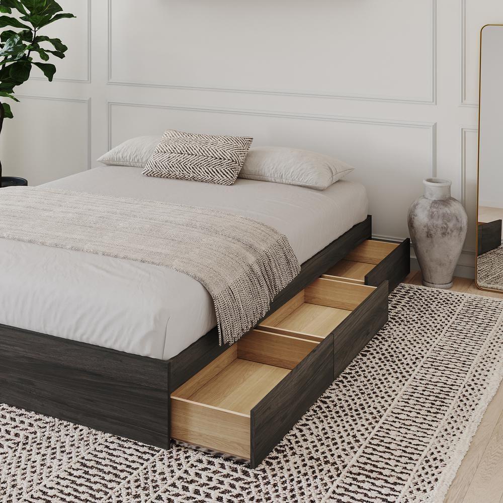 Bark Gray Queen Wood Storage Bed Frame with 3 Drawers