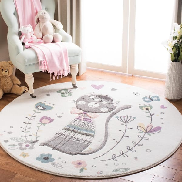 Carousel Kids Ivory/Pink 4 ft. x 4 ft. Animal Print Round Area Rug
