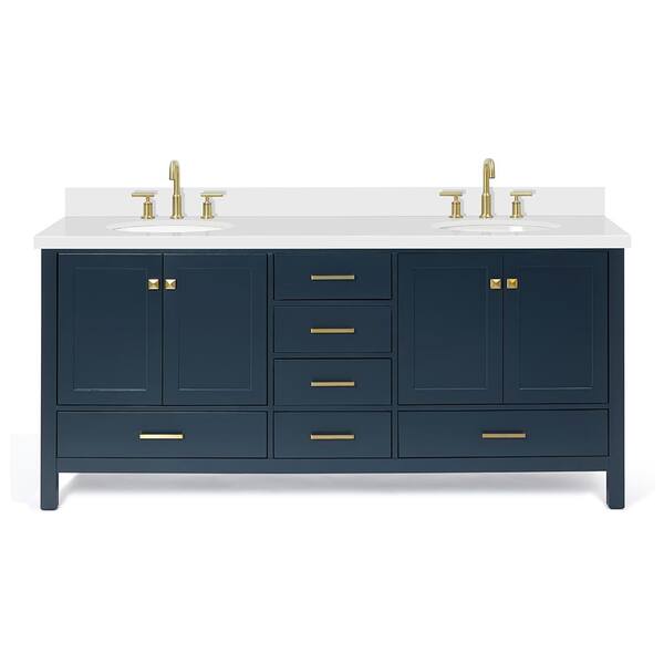 ARIEL Cambridge 73 in. W x 22 in. D x 35 in. H Vanity in Midnight Blue with Quartz Vanity Top in White with Basin