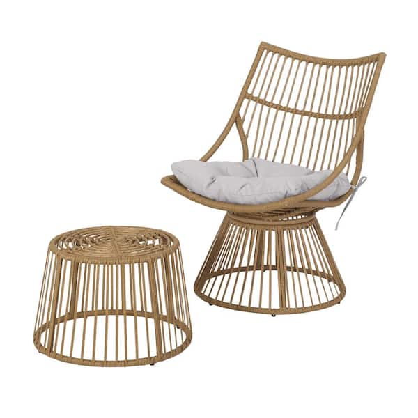 Noble House Jabe Light Brown 2-Piece Wicker Patio Conversation Set with Beige Cushions