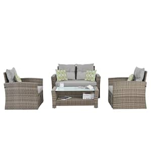 Brown 6-Piece Wicker Outdoor Sectional Set, Patio Furniture Set with Coffee Table and Grey Cushions for Garden, Backyard