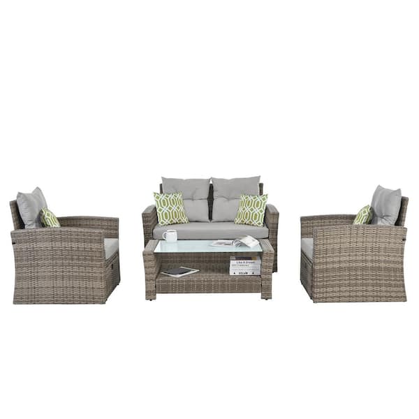 Unbranded Brown 6-Piece Wicker Outdoor Sectional Set, Patio Furniture Set with Coffee Table and Grey Cushions for Garden, Backyard