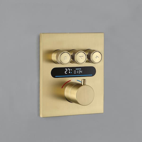 2-Spray Patterns with 1.6 GPM 9 in. Wall Mount Dual Shower Heads with Handheld Shower in Brushed Gold