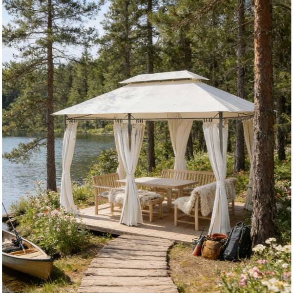 13 ft. x 9.7 ft. Cream White Outdoor Double Roof Patio Gazebo with