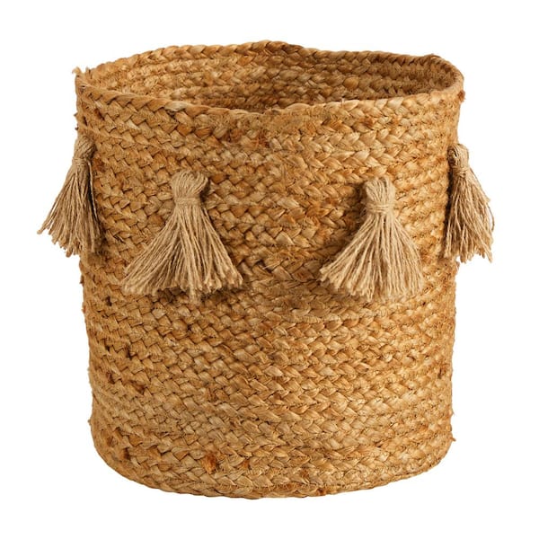 Nearly Natural 12.5 in. Natural Beige Jute Boho Chic Hand-Woven Basket Planter with Tassels