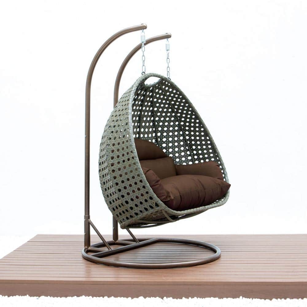 Brown Wicker 2-Person Hanging Egg Chair with Cushions