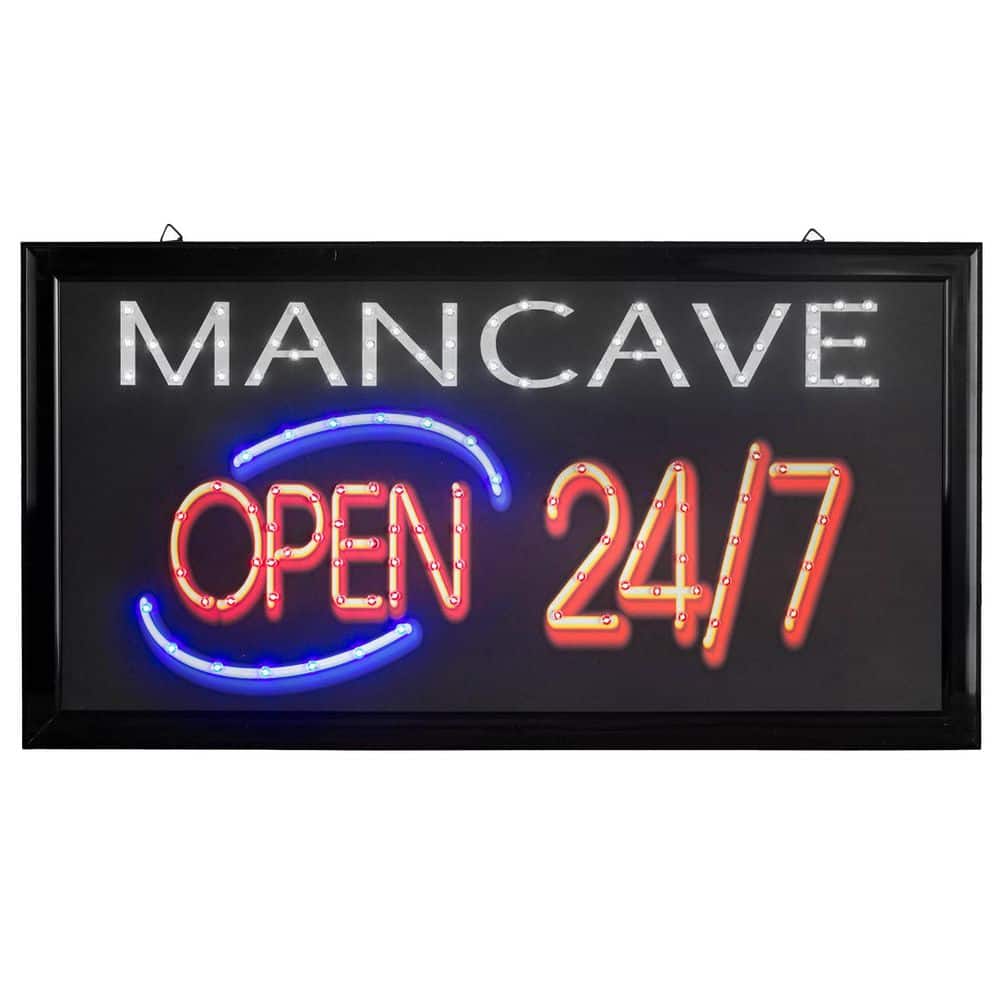 American Art Decor Framed LED Wall Sign – Retro Neon Light for Bar, Man Cave, Garage (Man Cave 24/7, 10"×19")