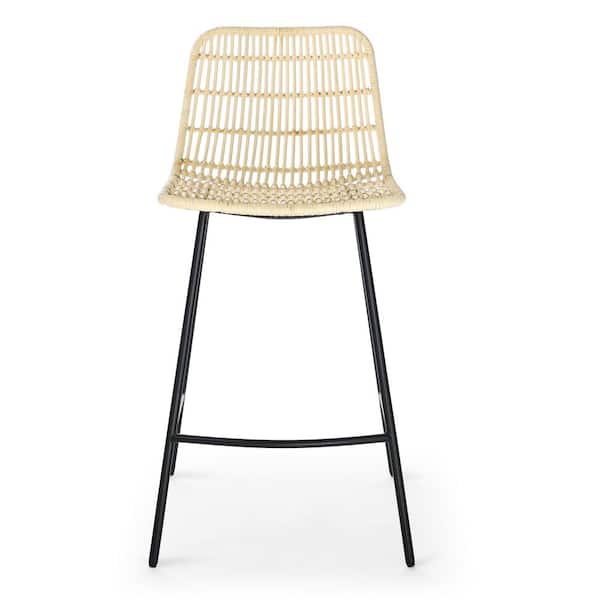 ANBAZAR 34 in. Light Wood Rustic Natural Rattan Indoor Bar Stool with Black Steel Legs with Seat (Set of 2)