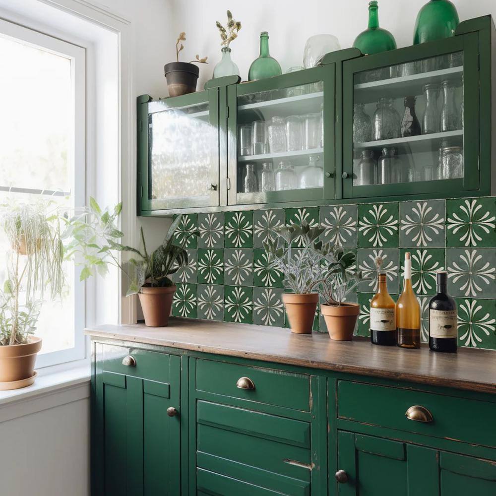 Green and White Vinyl Peel and Stick Backsplash Tiles, 8x8-inch
