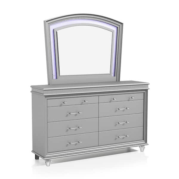 Furniture of America Litzler 8-Drawer Silver Dresser with Mirror (77 in. H x 63.63 in. W x 17.38 in. D)