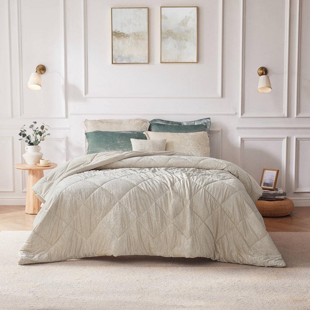 Champagne Velvet Diamond Quilted Queen Duvet Cover Set