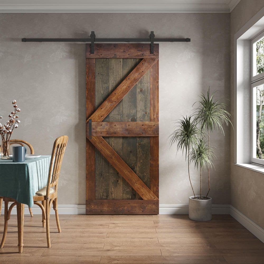 Aged Barrel and Dark Walnut Pine Wood Sliding Barn Door with Steel Hardware Kit