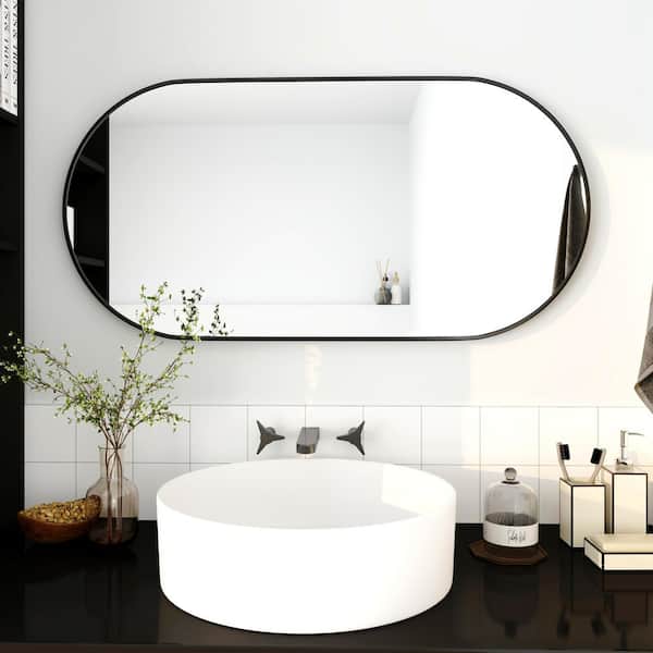 Black Metal Framed Oval Vanity Wall Mirror with Shelves