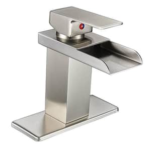 Single-Handle Single-Hole Brass Waterfall Bathroom Sink Faucet with Deckplate Included in Brushed Nickel
