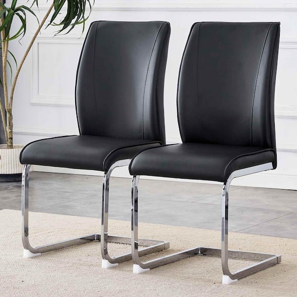 Black/Silver PU Leather Metal Frame Dining Chairs Set of 2