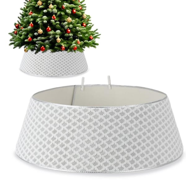 `Diamond‑Quilted Tree Collar, 33 Inch Adjustable Tree Skirt Alternative, Easy‑Install Stand Cover, 2 Clips, Silver`
