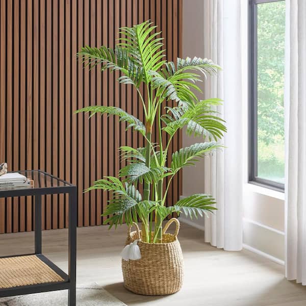 StyleWell 4 ft. Artificial Golden Cane Palm Tree in White Pot