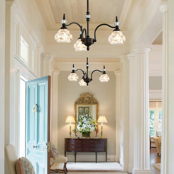 Modern 3-Light Chandelier Black Kitchen Island Pendant Light Fixture with Crystal Glass Shade for Island Living Room