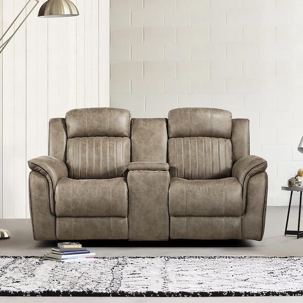 Lazzara Morelia 74 in. W Sandy Brown Microfiber Double Manual Reclining Loveseat with Center Console