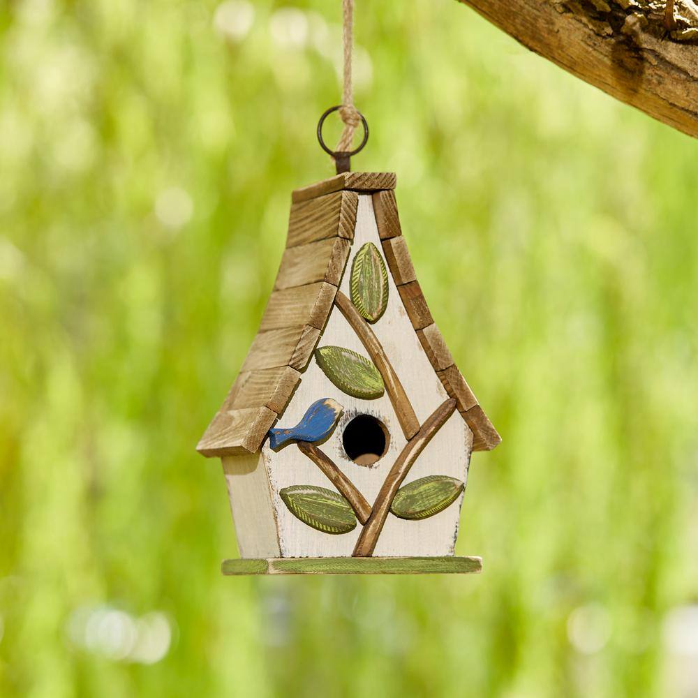 Distressed Washed White Solid Wood Birdhouse with Natural Pallet Roof