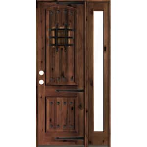 44 in. x 96 in. Medit. Knotty Alder Right-Hand/Inswing Clear Glass Red Mahogany Stain Wood Prehung Front Door w/RFSL