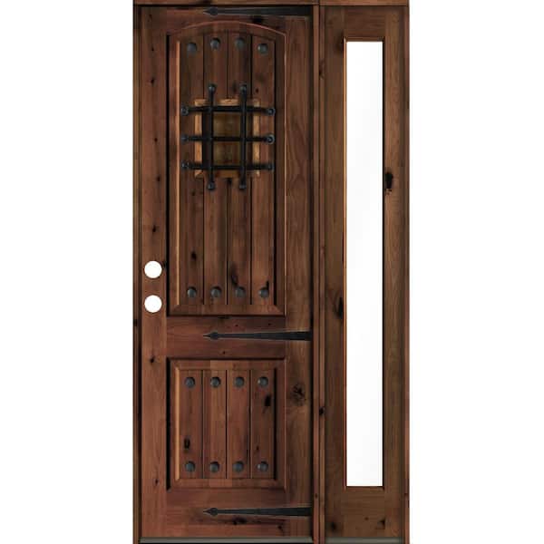 Krosswood Doors 44 in. x 96 in. Medit. Knotty Alder Right-Hand/Inswing Clear Glass Red Mahogany Stain Wood Prehung Front Door w/RFSL