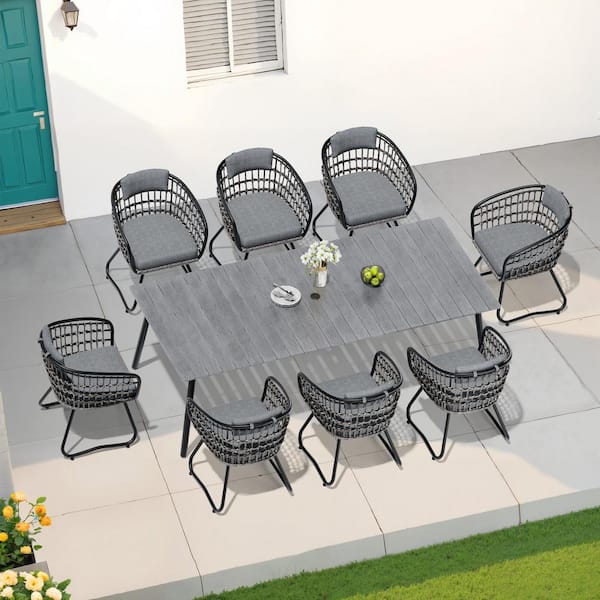 Crestlive Products 9-Piece Metal 94.5 in. Outdoor Dining Set with Rattan Chairs and Gray Cushions