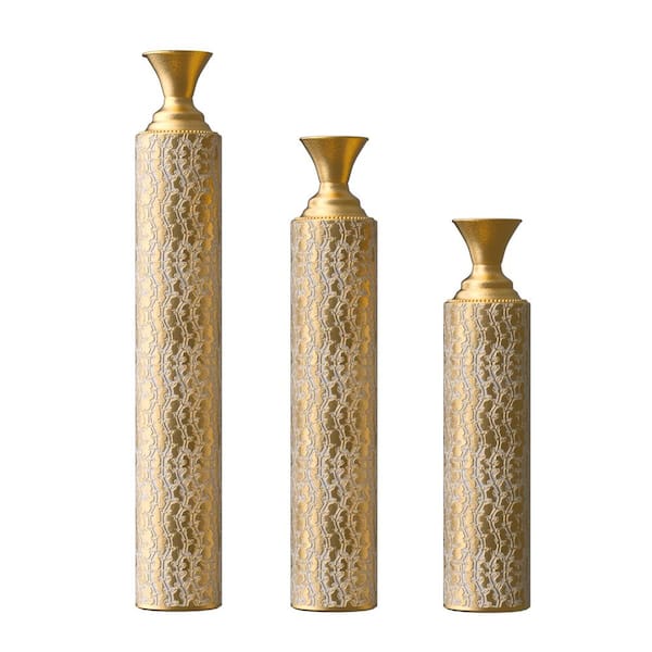 Unbranded 25 in. 29 in. 34 in. Antique Gold Metal Decorative Vases with Growing Vine Patterns Set of 3