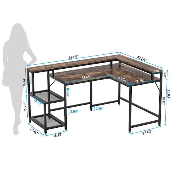 Tribesigns Way to Origin Perry 69 in. Brown Reversible Large Corner L Shaped Computer Writing Desk Monitor Stand Storage Shelf Home Office