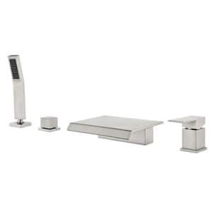2-Handle Deck-Mount Waterfall Roman Tub Faucet with Hand Shower in Brushed Nickel