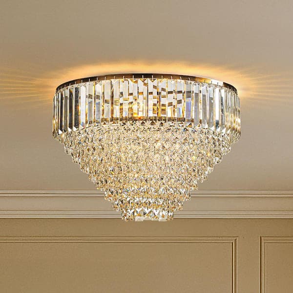 5 Lights 20" Modern Glam Antique Gold Crystal Tiered Flush Mount Luxury Ceiling Light For Dining Room Bedroom