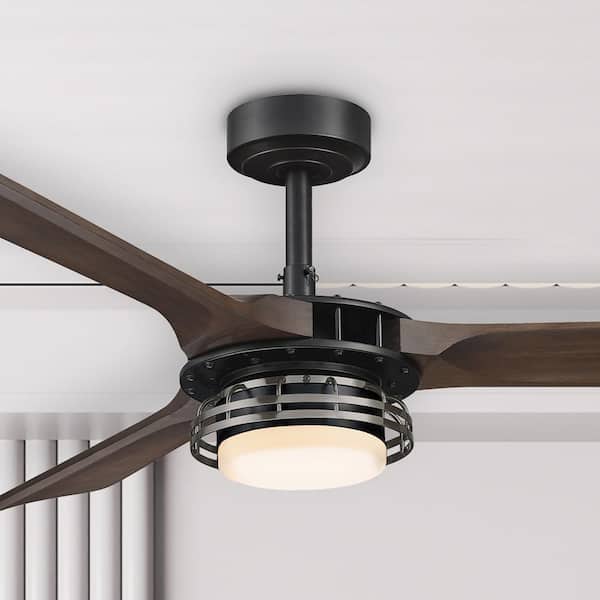 Industrial 52 in Indoor Black Downrod Mount Ceiling Fan With Light and Remote C 